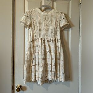 Cream eyelet lace puff sleeve dress